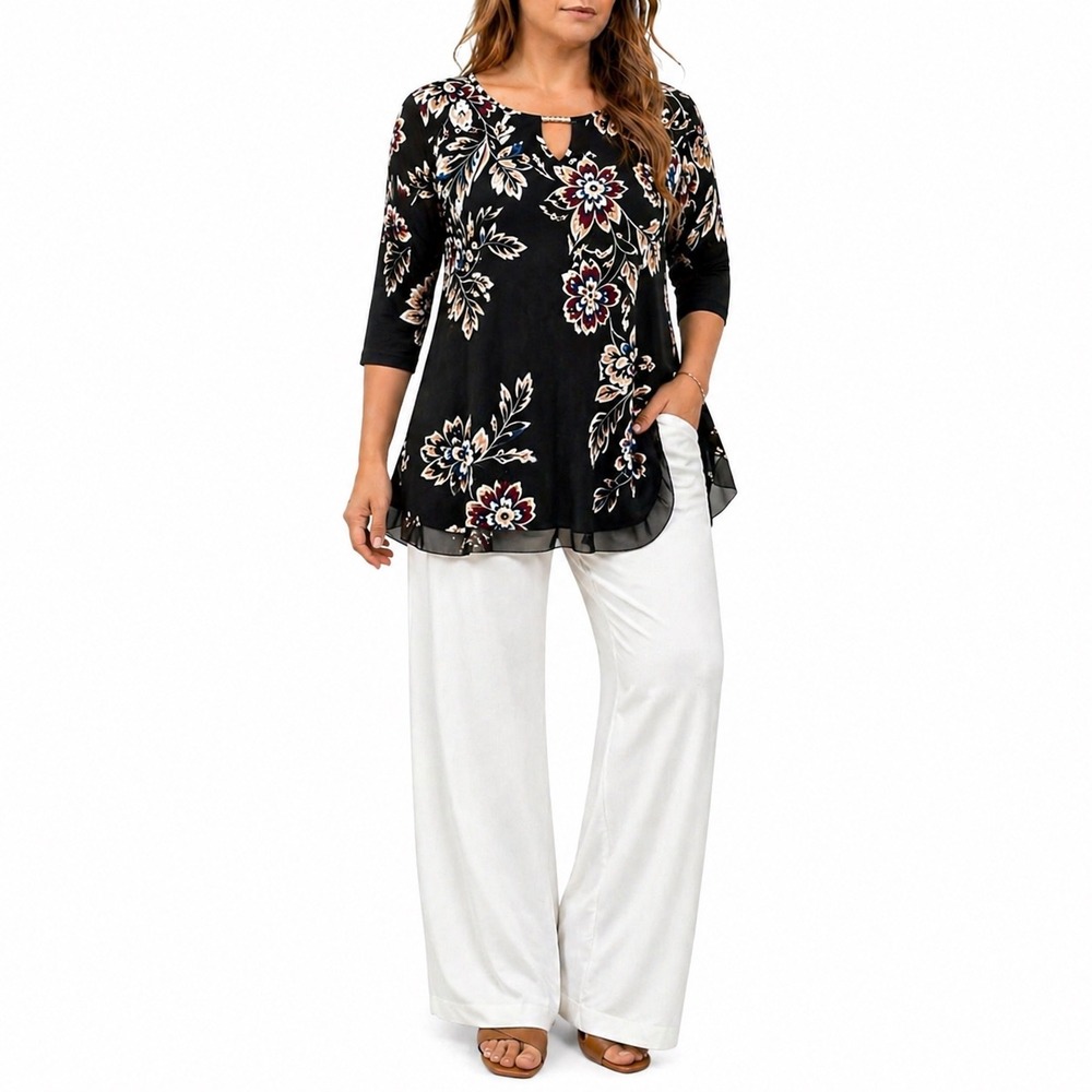 Womens Boho‎ Botanical Floral Tunic Top Black 3/4 Sleeve Sharkbite Hem Medium